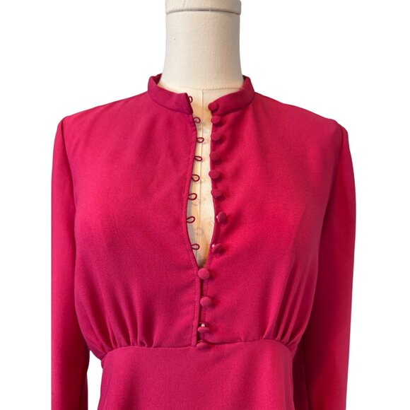 NWOT ZARA M Vintage-Inspired Fuchsia Dress Button Front & Long Sleeves - Picture 4 of 13